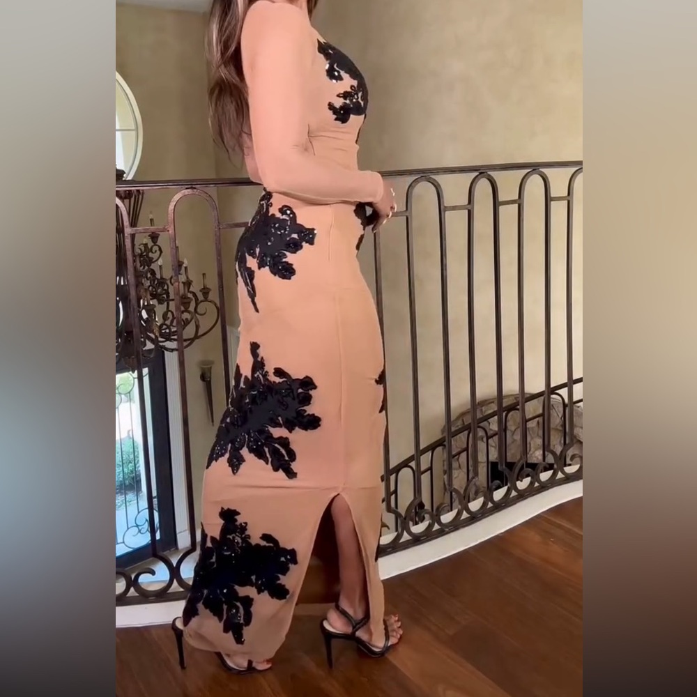 JLUXLABEL 2 piece SET bodysuit & skirt beige black embellished sequin flower - Picture 5 of 11